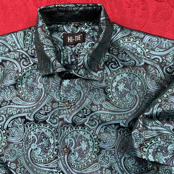 Hi-Tie Jacquard Paisley Button Up Shirt Men’s L Short Sleeve Made W/Tie Material - Picture 1 of 10
